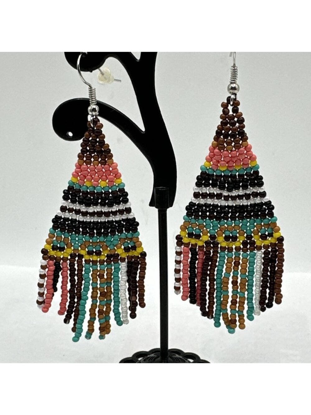 3” Long Teal Peach Black Beaded Fringe Earrings Native Style Seed Bead Dangle